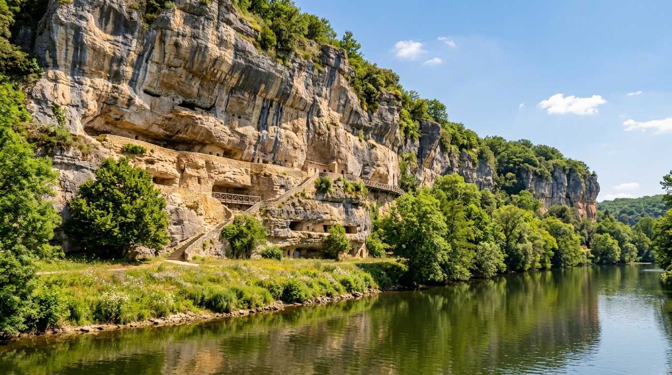 Falaise calcaire de La Roque Saint-Christophe et ses terrasses troglodytiques au bord de la Vézère