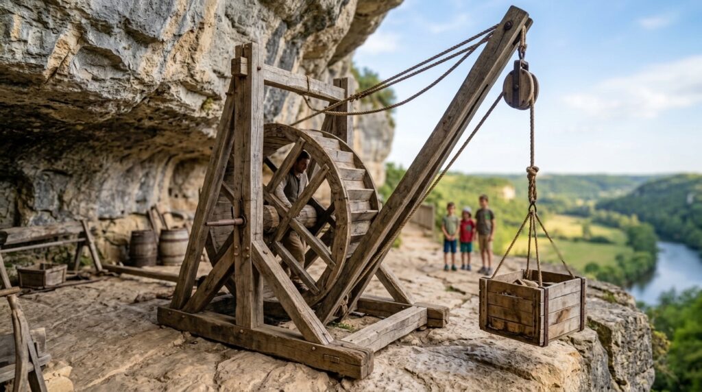 Machine de levage médiévale à roue reconstituée sur une terrasse de la falaise, enfants regardant la démonstration