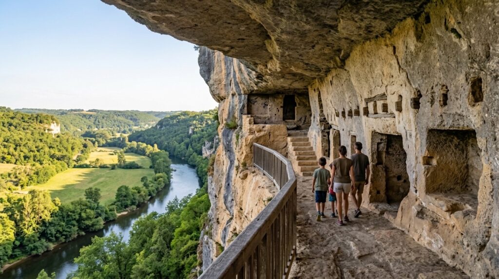 Famille marchant sur une terrasse troglodytique sous la falaise, avec vue sur la vallée de la Vézère