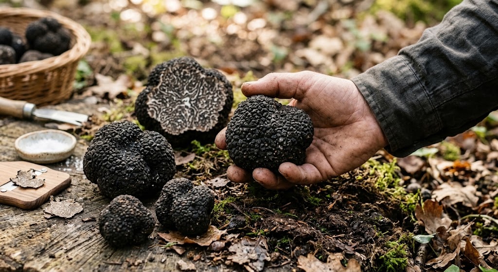 Truffes noires du Périgord fraîchement cavées, dont une coupée, tenues en main sur un sol de sous-bois